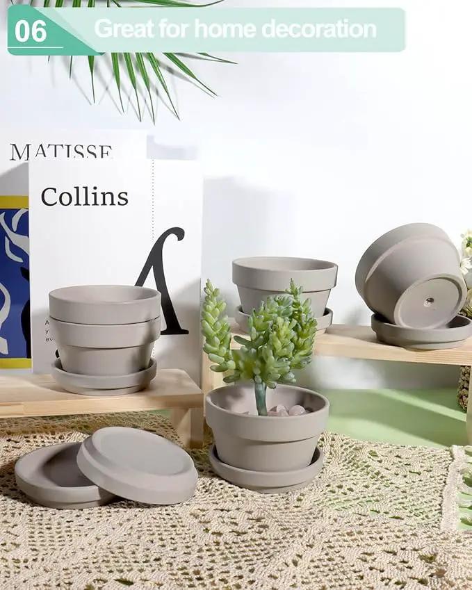 vensovo 5.7 Inch Grey Terracotta Shallow Succulent Pots - 6 Pack Terra Cotta Clay Pot with Saucer, Cacuts Indoor and Outdoor Planters with Drainage Hole by GreenHaven Gardens