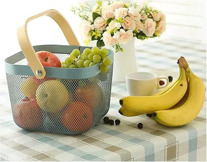 Metal Mesh Steel Basket, Storage Organizer Basket Multi-functional Hanging Kitchen Baskets Fruit Basket Bin with Bamboo Handle for Kitchen Bathroom Picnic Shopping Decor Cabinet Home, Blue by GreenHaven Gardens