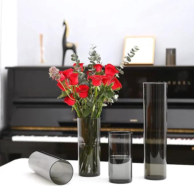 Flower Vase, Non-breakable Vases, 4" W x 8" H, Acrylic Grey Vase, Aesthetic Room Decor Cylindrical Modern Flower Vases for Table Centerpiece, Home Decor, Women Floral Arrangement Gift by GreenHaven Gardens