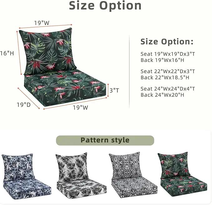 Favoyard Outdoor Seat Cushion 19 x 19 x 3 in Waterproof Pattern Fade Resistant Cover Removable Patio Furniture Cushions Deep Seat & Back Cushion Set with Adjustable Straps for Patio Chair Sofa Couch by GreenHaven Gardens