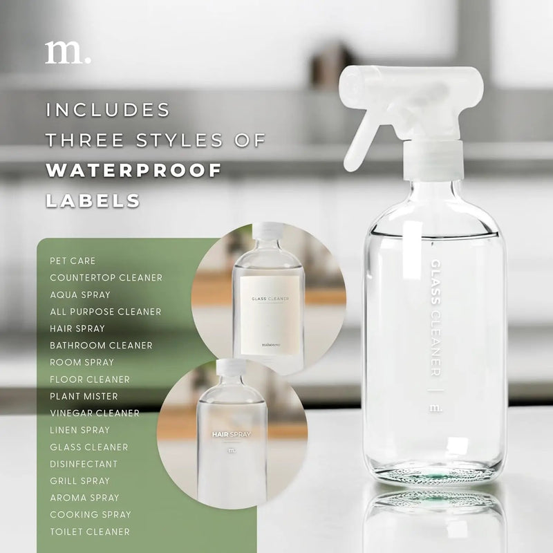 MaisoNovo Glass Spray Bottles for Cleaning - 16.9 fl oz Clear x 2 with 16 Labels by GreenHaven Gardens
