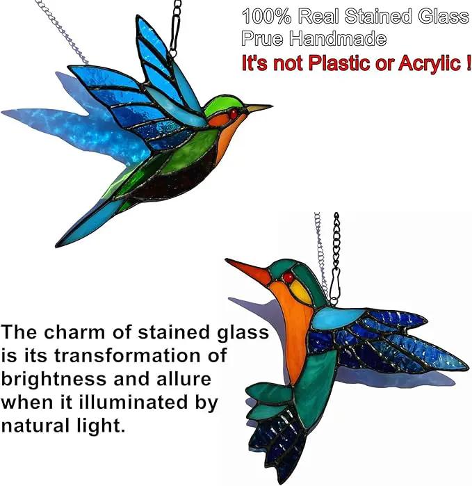 2 Packs Stained Glass Hummingbird Suncatcher Window Hanging Ornament, Stained Glass Birds Suncatcher for Window Decor, Hummingbird Gifts for Women, Mom, Birds Lovers by GreenHaven Gardens