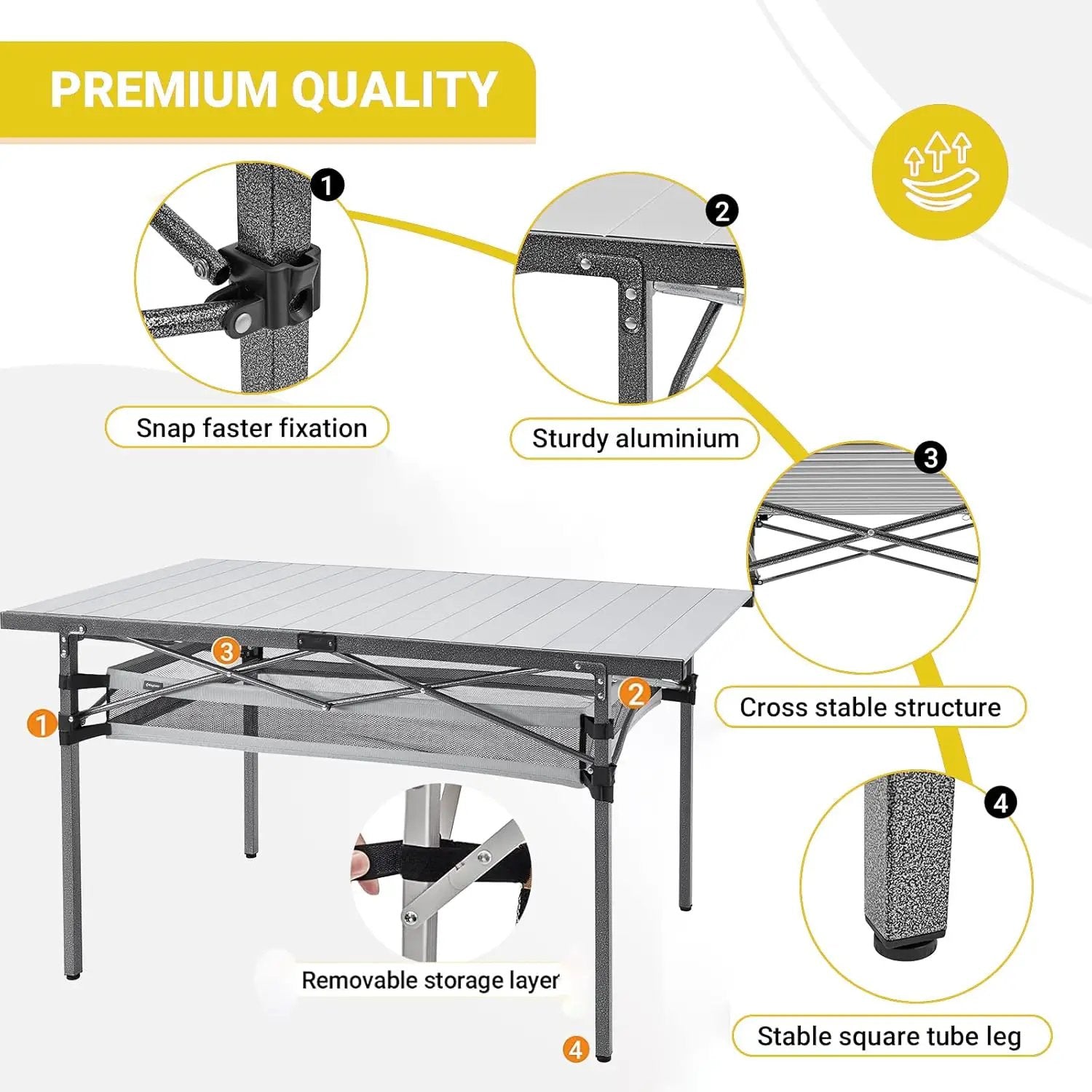KingCamp Spacious Tabletop Area Aluminum Compact Roll 4-6 Person Stable Adjustable Feet Table with Carry Bag for Outdoor Camp Picnic, Black/Siver_53.5"×27.5" with Storage Layer by GreenHaven Gardens