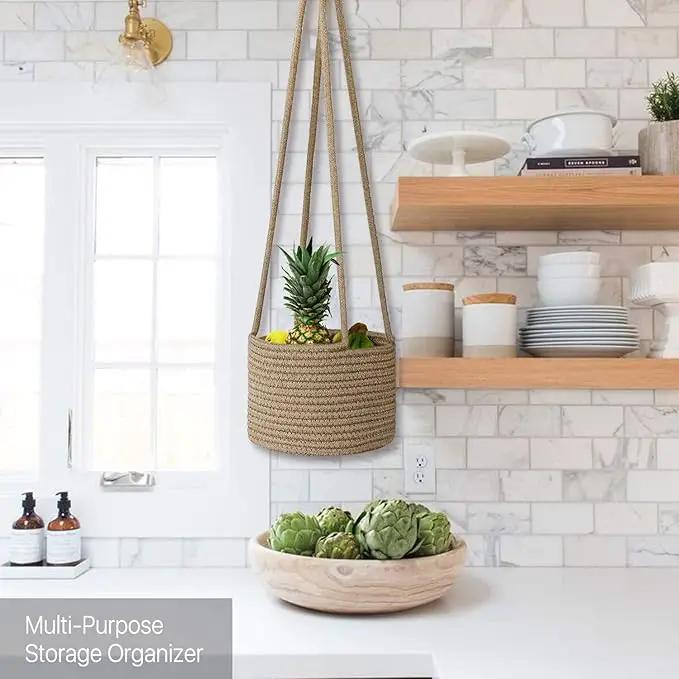 Flexzion Hanging Plant Basket (2 Pack) Cotton Rope Basket Indoor Planter Hanger (up to 7 Inch Flower Pot) Macrame Woven Organizer Bin Home Decor Storage Organizer 20" Hanging Rope, Brown by GreenHaven Gardens