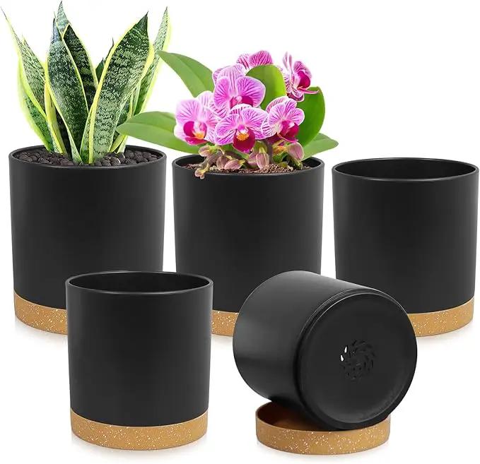 5 Pack Cylindrical Flower Pots with 7/6.5/6/5/4 inch, Modern Small Plastic Plant Pots with Drainage Holes & Saucers, Round Planter Pots for Outdoor, Indoor & Office Decor (Black Brown) by GreenHaven Gardens