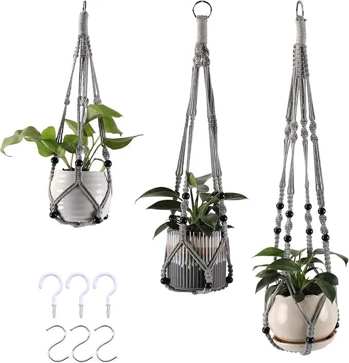 3-Pack Macrame Plant Hanger Indoor - Hanging Planter Basket for Indoor Outdoor - Decorative Boho Plant Holders Set with Beads - Ceiling Flower Pot Holder with 6 Hooks - 35"/30"/24" Gray by GreenHaven Gardens