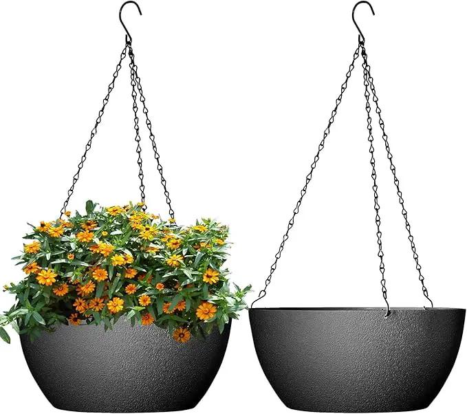 10 inch Hanging Planters for Outdoor Indoor Plants with Drainage Holes and Chain, 2 Pack Round Hanging Flower Pots for Garden Home Porch Decor, Black by GreenHaven Gardens