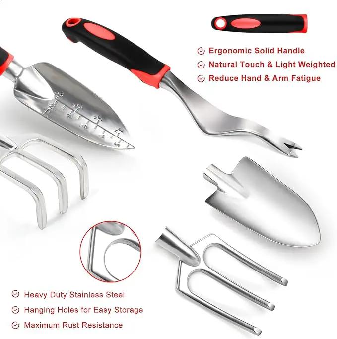 Garden Tool Set with Non Slip Rubber Grip,8 Piece Stainless Steel Gardening Tool Sets,Heavy Duty Outdoor Hand Tools Durable Storage Tote Bag,Uprooting Weeding Tool, Gifts for Women Men(Red) by GreenHaven Gardens
