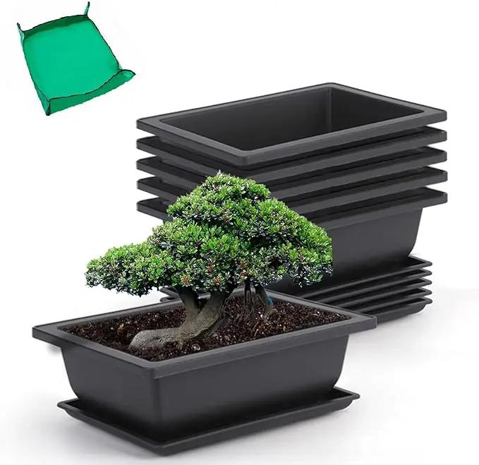 GROWNEER 6 Pack 9 Inch Bonsai Pots with Drainage Humidity Trays, Bonsai Tree Training Kits with 1 Repotting Mat, Plant Container Planter Growing Pot for Garden Outside Indoor by GreenHaven Gardens