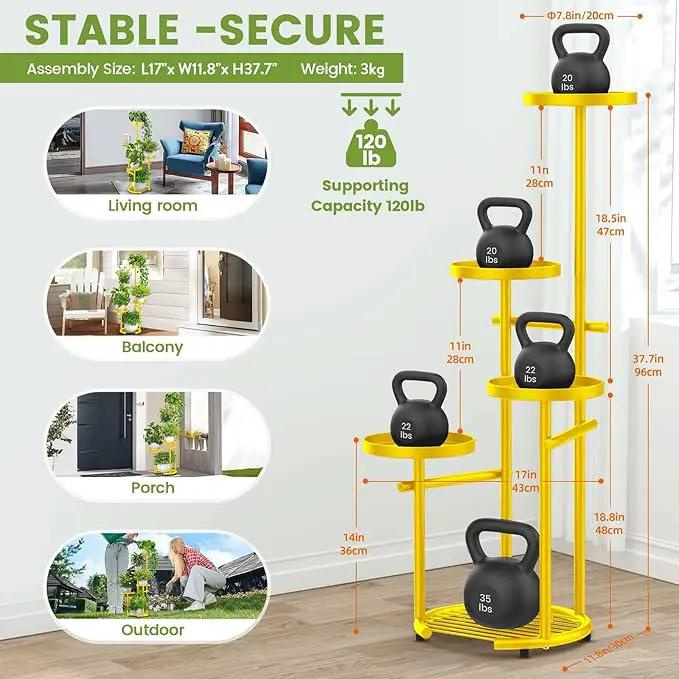 TOSKING 5 Tier Metal Plant Stand Indoor， Plant Shelf, Corner Shelf Flower Pot Stand for Outdoor Plant Stand for Living Room Balcony Garden Patio Bedroom (5Tier-37''-yellow) by GreenHaven Gardens