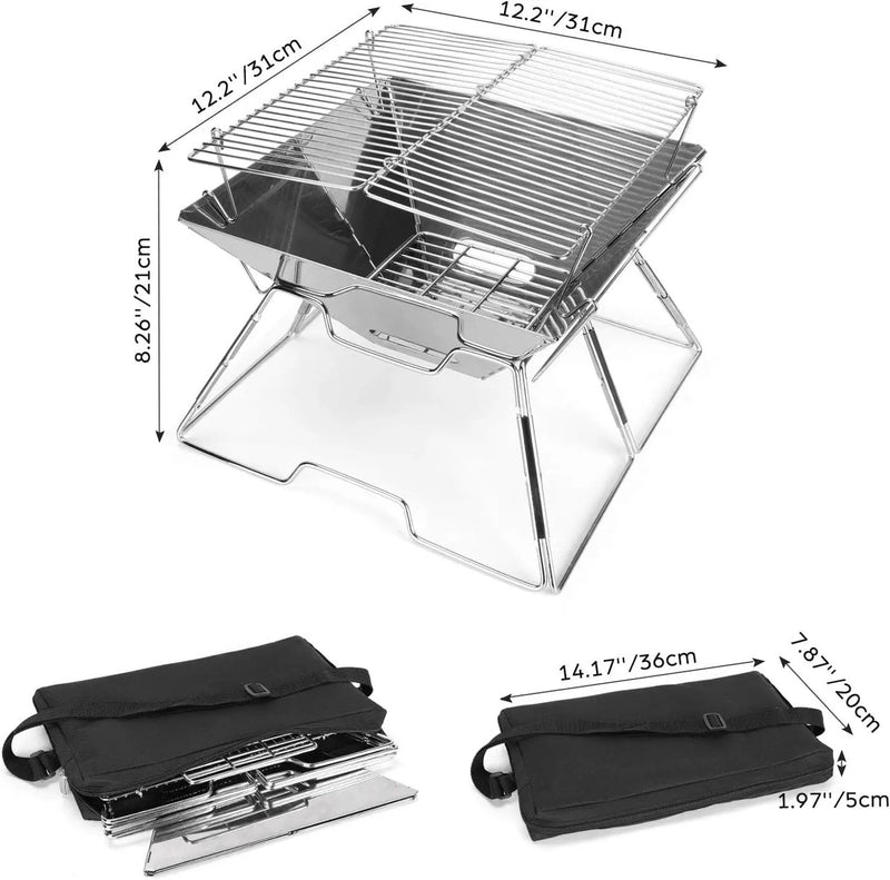 Odoland Folding Campfire Grill, 304 Stainless Steel Grate Barbeque Grill, Portable Camping Grill with Legs for Picnics, Backpacking, Outdoor with Carrying Bag and Kitchen Tongs by GreenHaven Gardens
