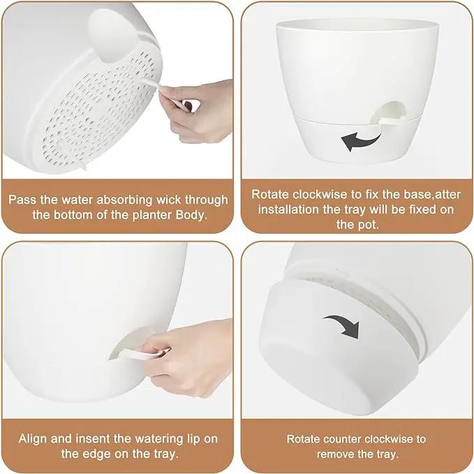 Plant Pots 10/9/8/7.5/7 Inch Self Watering Pots, Set of 5 Plastic Planters with Drainage Holes and Saucers,Plastic Flower Pots,Nursery Planting Pot for Indoor Out Door Plants(Pure White) by GreenHaven Gardens