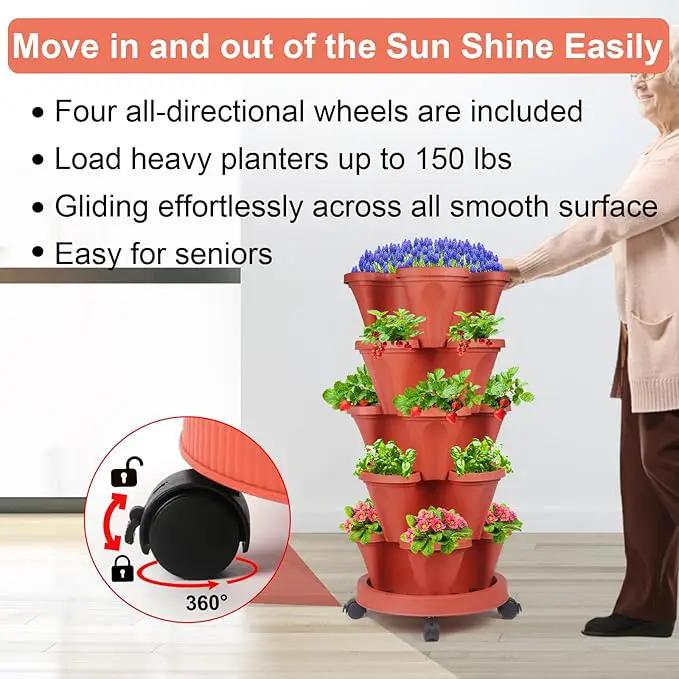 DUNCHATY Stackable Planters 5 Tier Vertical Garden Planting Tower Planters Strawberry, Herb, Flower, and Vegetable Planter Indoor Outdoor Gardening Pots with Removable Wheels and Tools by GreenHaven Gardens