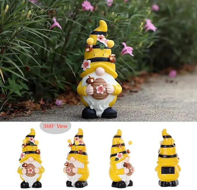 Garden Figurines Gnome Statue Decorations - Solar Resin Spring Bee Gnome Figurine Solar Garden Lights Outdoor Decorations Waterproof for Patio,Yard,Lawn, by GreenHaven Gardens