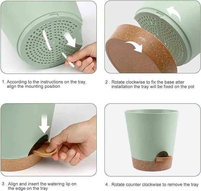 Indoor Self Watering Planters with Drainage Holes and Saucers, 8, 7, 6.5, 6, 5.5, 5 Inches, Green, 6 Pots by GreenHaven Gardens