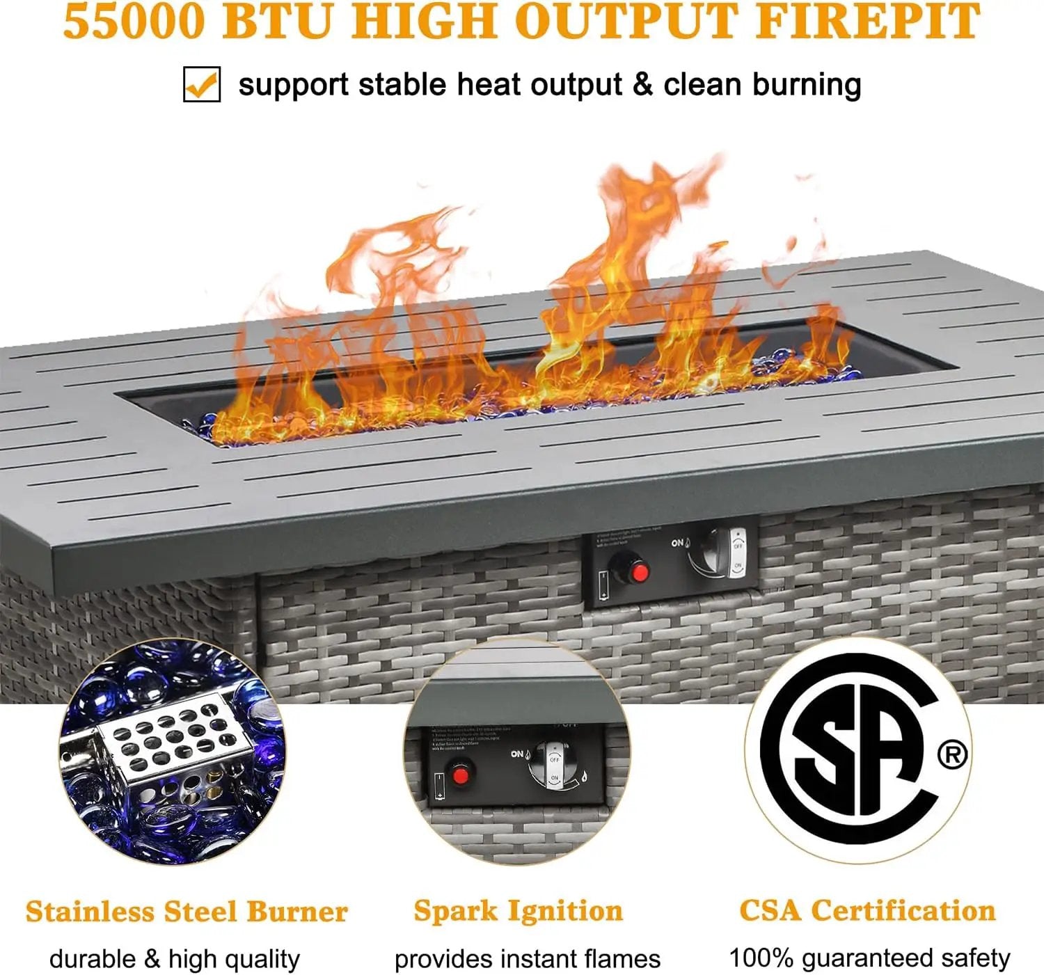 LayinSun 44" Propane Gas Fire Pit Table, 55000 BTU Rectangular Fire Pit with Glass Wind Guard for Outside Patio Deck Garden Backyard Gray-Aluminum Top by GreenHaven Gardens