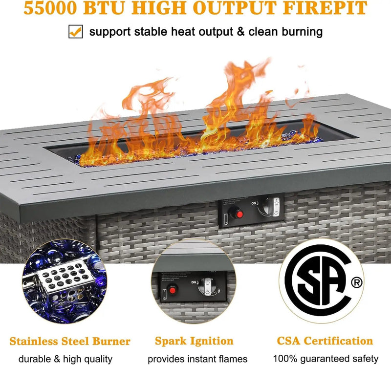 LayinSun 44" Propane Gas Fire Pit Table, 55000 BTU Rectangular Fire Pit with Glass Wind Guard for Outside Patio Deck Garden Backyard Gray-Aluminum Top by GreenHaven Gardens