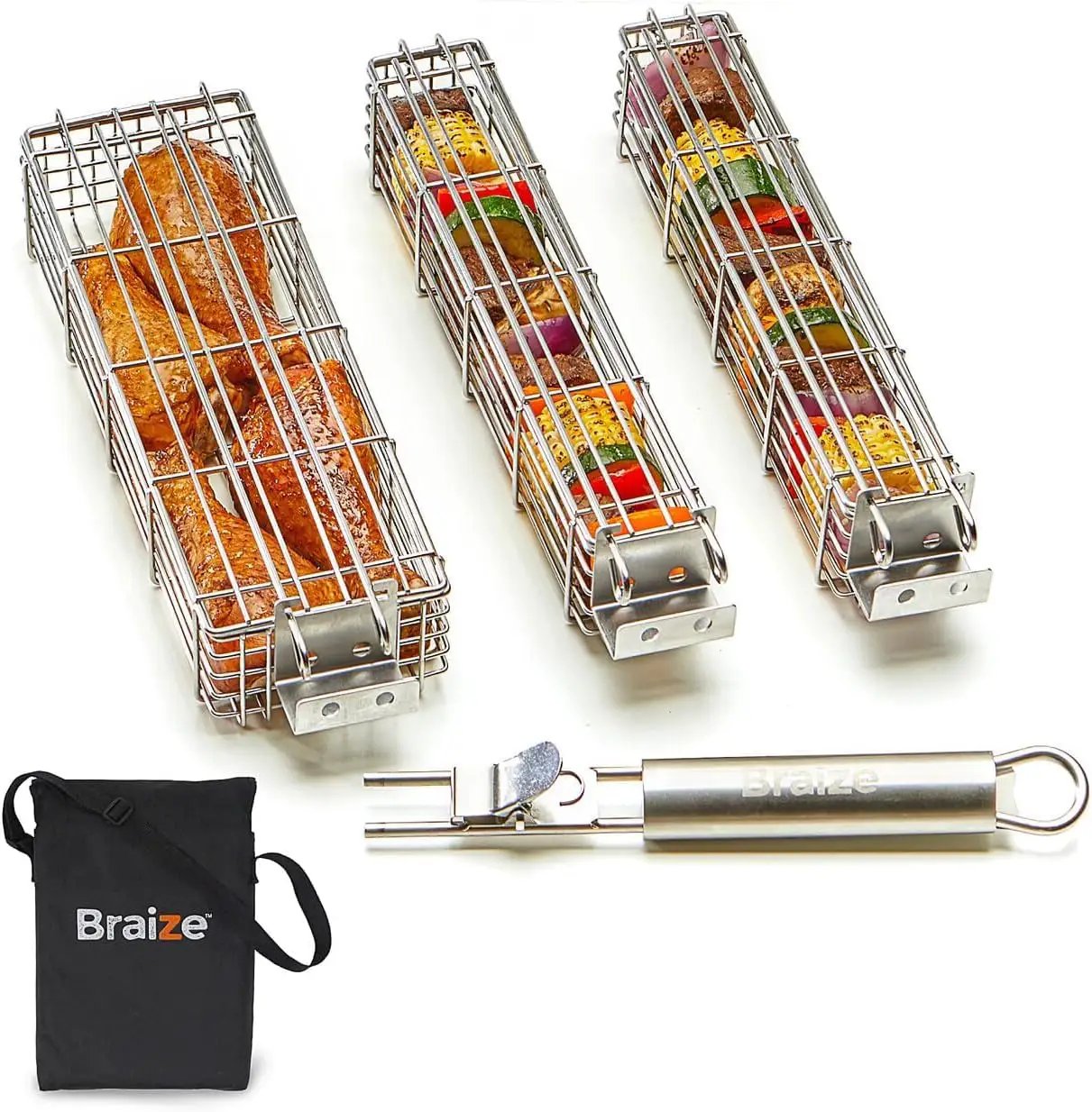 Kabob Grilling Baskets – Set of 3 Stainless Steel BBQ Baskets (12" x 2" x 2") with Removable Handle and Latching Lid – Great for Grilling Vegetables or Meat Over Campfires and Outdoor Grills by GreenHaven Gardens
