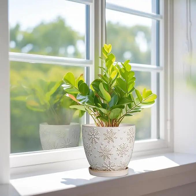 6.9 Inch Plant Pot with Drainage Hole and Saucer Ceramic Planter for Indoor Plant Flower Pot for Orchid Succulents Plants White by GreenHaven Gardens