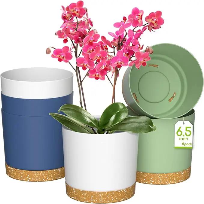 ZMTECH Set of 6 Self Watering Plastic Plant Pots, 6.5in Diameter x 6.1in Height, Modern Decorative Flower Pots for Indoor Outdoor House Plants, Succulents, Flowers (White+Green+Blue) by GreenHaven Gardens