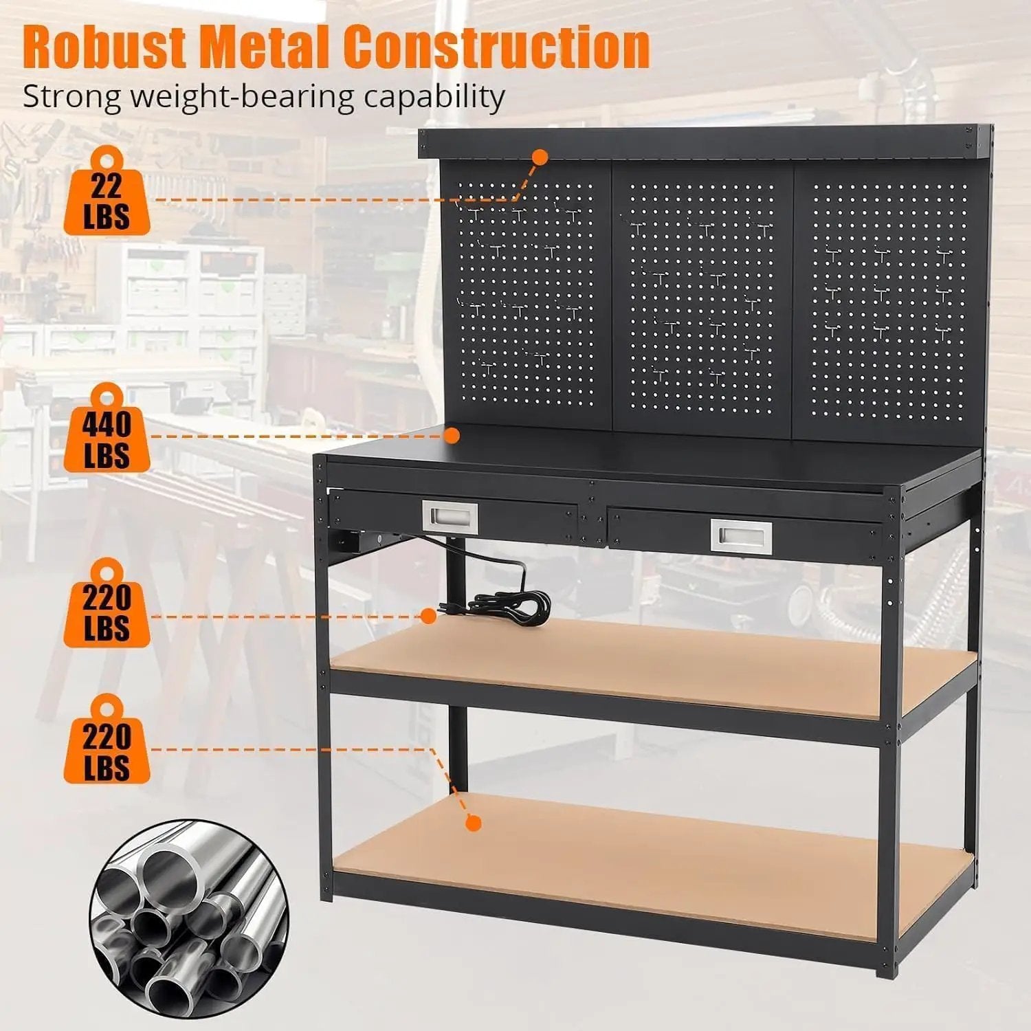 48'' 3-Tier Adjustable Workbench, Heavy Duty Workbench with Drawer and Backplate, 2000 LBS Capacity Work Table, Suitable for Office, Garage, Workshop by GreenHaven Gardens