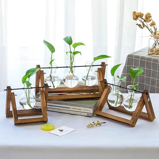 Kingbuy Glass Desktop Planter with Retro Wooden Stand and Plant Terrarium vase (2 Bulbs) for Indoor Office Desk Decor Accessories by GreenHaven Gardens