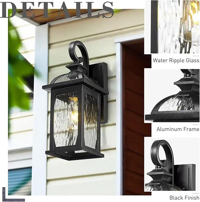 zeyu 2 Pack Outdoor Wall Lamps, 15-inch Black Exterior Light Fixtures for Patio House, Die-Cast Aluminum with Water Ripple Glass, Black Finish, ZD100B-2PK BK-WP by GreenHaven Gardens
