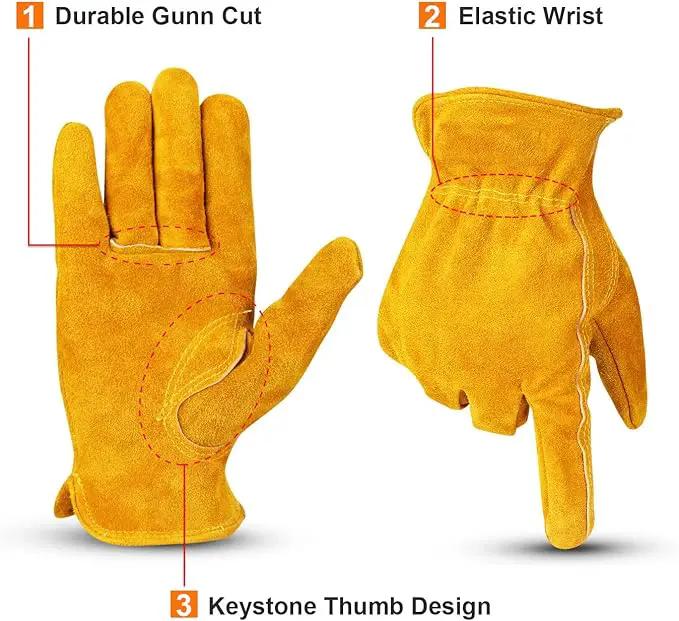 OZERO Leather Work Gloves Flex Grip Tough Cowhide Gardening Glove for Men and Women (Medium, Gold With Mesh Linning) by GreenHaven Gardens