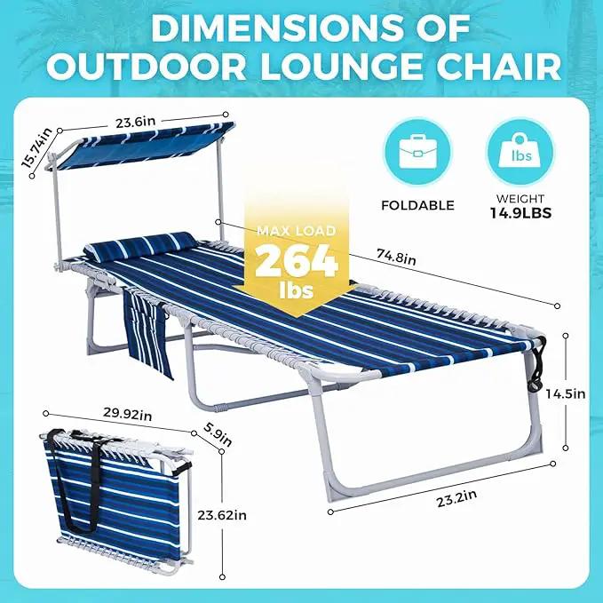 #WEJOY Folding Lounge Chair with Canopy Shade, Portable Adjustable 5-Position Patio Chaise Lounger with Pillow & Pouch for Lay Flat Outdoor Lawn Backyard Beach Camping Pool Tanning (Blue White) by GreenHaven Gardens