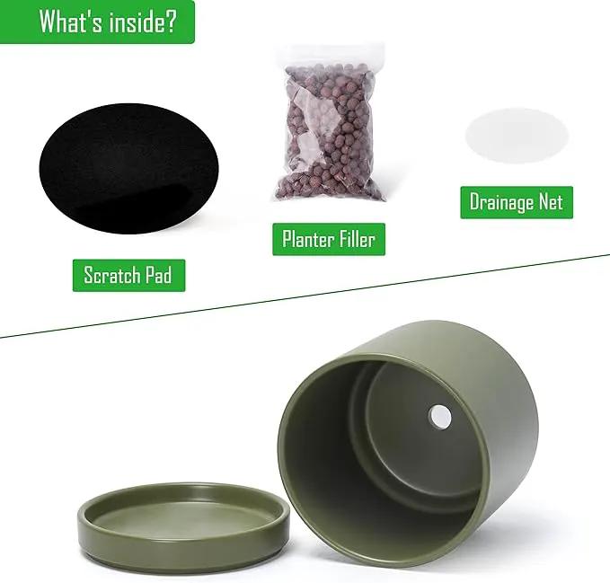 D'vine Dev 6 Inch Ceramic Planter Pot with Drainage Hole and Saucer, Indoor Cylinder Round Planter Pot, Olive, 94-O-C-J by GreenHaven Gardens