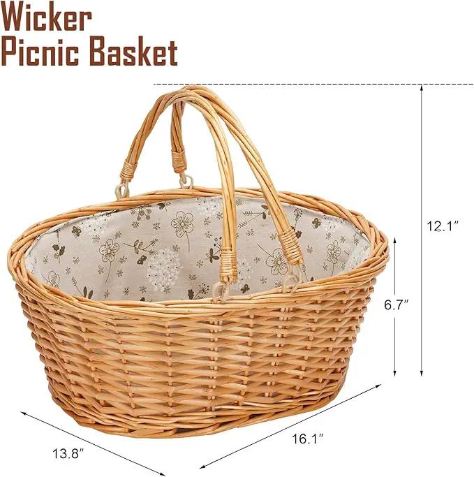 Wicker Picnic Basket with Double Folding Handles, Natural Large Willow Hamper Empty Basket Cheap Easter Eggs Candy Storage Wine Basket for Toy, Flower, Wedding（White 16inch） by GreenHaven Gardens
