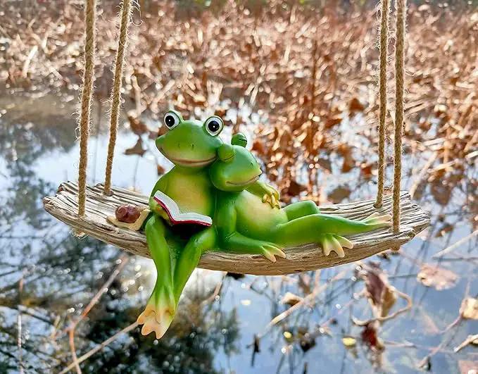 Artisan Flair Hanging Swing Frog Statues - Frog Statues for Garden Outdoors, Reading Book Frog Statue Figurine, Resin Couple Frog Statue for Garden, Balcony, Tree Decoration by GreenHaven Gardens