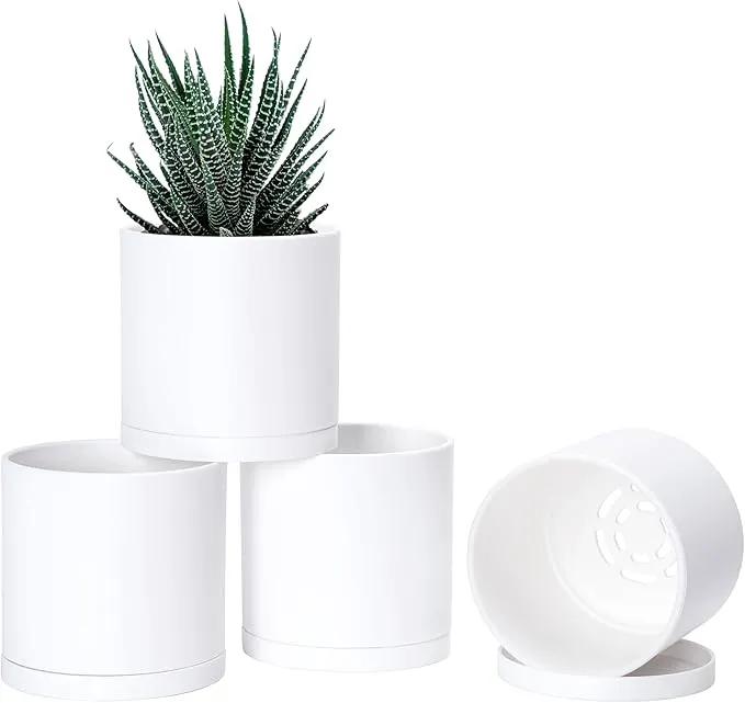 D'vine Dev 4 Pack 4.5 Inch Modern Plastic Plant Pots, Small Garden Planters for Plant with Drainage Holes and Saucers, White Color, 74-Z-F-2 by GreenHaven Gardens