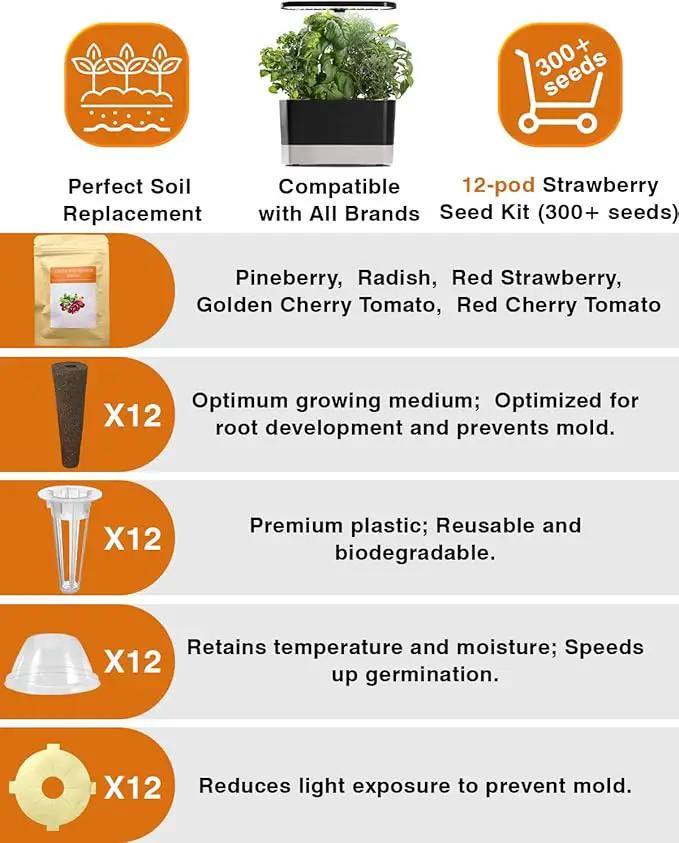 Red Strawberry and Pineberry Seed Pod Kit for AeroGarden, idoo, Ahopegarden, MUFGA with Strawberry, Pineberry, Radish, Red/Golden Harvest Cherry Tomato - Compatible with All Hydroponics (12-Pod) by GreenHaven Gardens