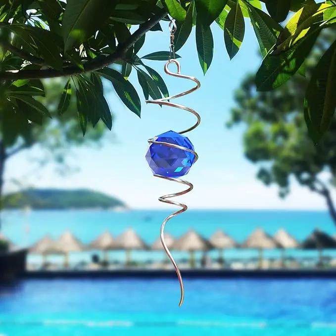 Gazing Ball Spiral Tail Wind Spinner with Sea Blue Crystal Orb, Wind Spinners Stabilizer with Hanging Swivel Hook, Sun Catcher Rainbow Maker Indoor & Outdoor Decoration Garden Gift 13" Height by GreenHaven Gardens