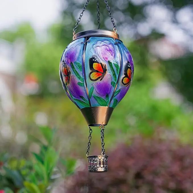 Butterfly Flower Solar Hot Air Balloon Lantern with Flame, Glass Balloon Lantern Outdoor Waterproof Lights, Hanging Solar Lights for Outside Garden Patio Porch Tree Yard Gift for Mom by GreenHaven Gardens