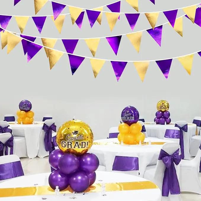 Purple and Gold Party Decorations Metallic Fabric Triangle Pennant Banner Flag Bunting Garland for Graduations Birthday Retirement Wedding Baby Shower Bachelorette Halloween Outdoor Party Supplies by GreenHaven Gardens