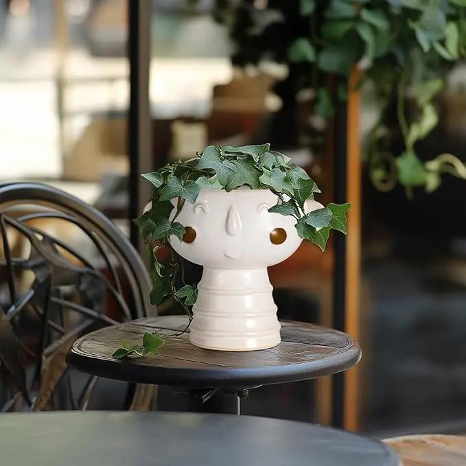 Head Planter for Indoor Plants - 7 Inch Ceramic Face Planter, Cute Succulent Pot with Drainage Hole, Indoor Outdoor Flower Plant Pot, Home Garden Decor, Gift for Plant Lovers, White by GreenHaven Gardens