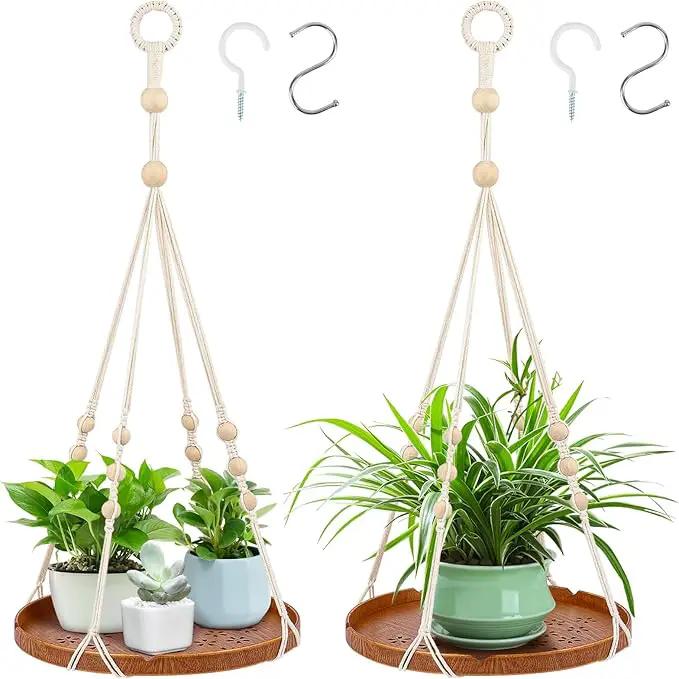 SUREAM 2 Packs Hanging Planters Holder, Hanging Plant shelf with Wood Beads and Wood Tray for Indoor Outdoor Boho Home Decor, Ceiling Plant Hangers for Garden, Wall, Porch, Patio, Balcony, and Window by GreenHaven Gardens