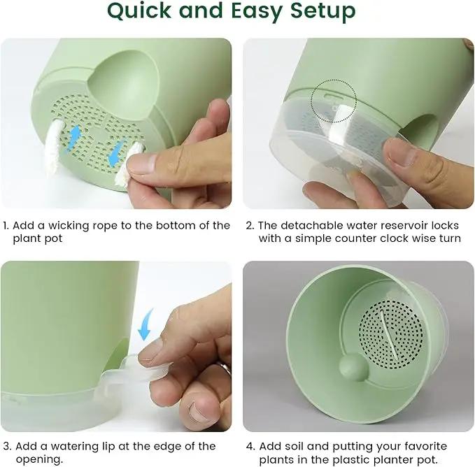 6 inch Self Watering Pots for Indoor Outdoor Plants, 6 Pack Flower Plant Pots with Drainage Holes and Clear Reservoirs, Visible Water Level, Plastic Planters with Wicking Rope, Green by GreenHaven Gardens