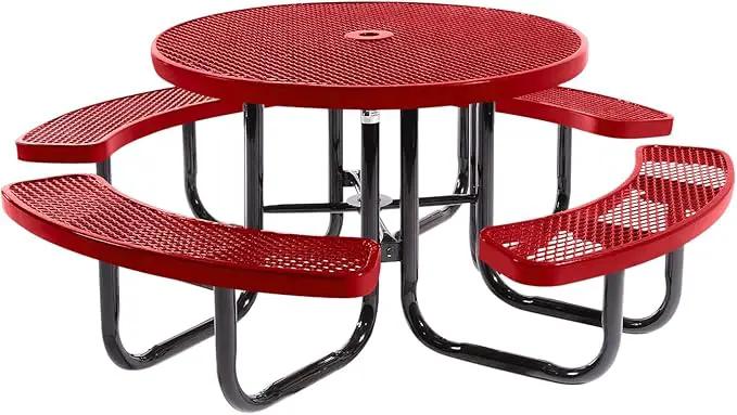 Coated Outdoor Furniture Heavy-Duty Portable Outdoor Picnic Table with Umbrella Hole, Expanded Metal Commercial-Grade Patio Dining Furniture Made in America (46" Round Top, Textured Red) by GreenHaven Gardens