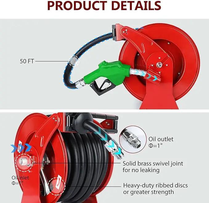 Fuel Hose Reel with Fueling Nozzle, 1" x 50FT Retractable Diesel Hose Reel, 300 PSI Industrial Heavy Duty Auto Swivel Rewind Hose Holder Reels, for Vehicle Tank Truck Trailer Ship by GreenHaven Gardens