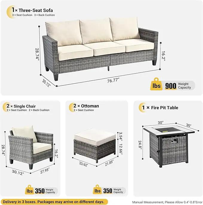 ovios 6 Pieces Patio Furniture Set with 30" Fire Pit Table, Outdoor Wicker Sofa with Comfy Cushions, All Weather High Back Rattan Couch Conversation Set, Beige by GreenHaven Gardens