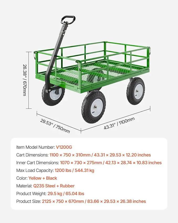 VEVOR 1200 Lbs Steel Garden Cart, Heavy Duty Pullable Garden Wagon Yard Cart, 2 in 1 Outdoor Metal Utility Wagon Yard Trailer with 13" All Terrain Tires, Mesh Removable Sides and 180°Rotating Handle by GreenHaven Gardens