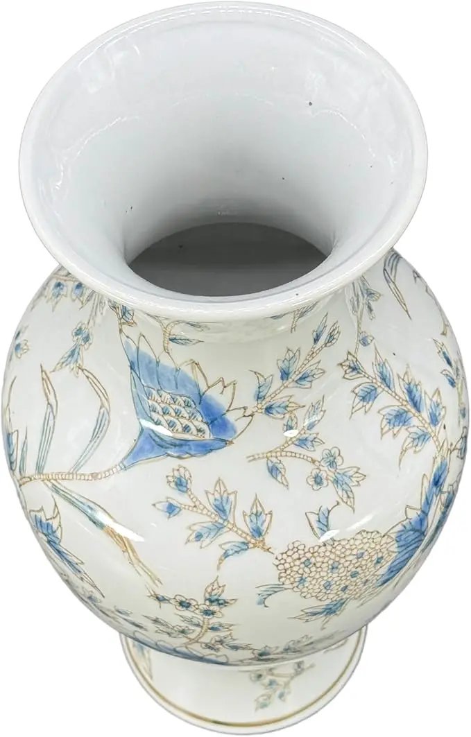 Galt International White & Blue Floral Chinoiserie Ceramic Vase 14" - Hand Painted Antique Style Porcelain Flower Bottle Fishtail Porcelain Chinese Vase for Home Decor Centerpiece by GreenHaven Gardens