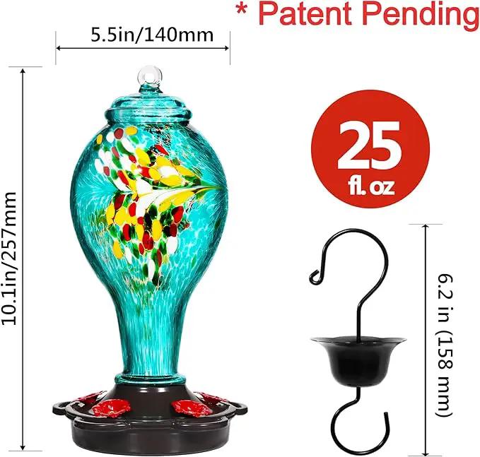 LUJII Hummingbird Feeder for Outdoors, Hand Blown Glass Humming Bird Feeder, Anti Fade Leakproof with 25 Ounces Nectar Capacity, Easy to Install Clean Refill, Include Hook & Ant Moat (Teal) by GreenHaven Gardens