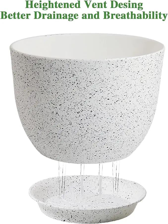12/10/9 Large Modern Plant Pots, Plastic Planters with Drainage Holes and Saucers for Indoor Outdoor Plants Flowers, White Speckles by GreenHaven Gardens