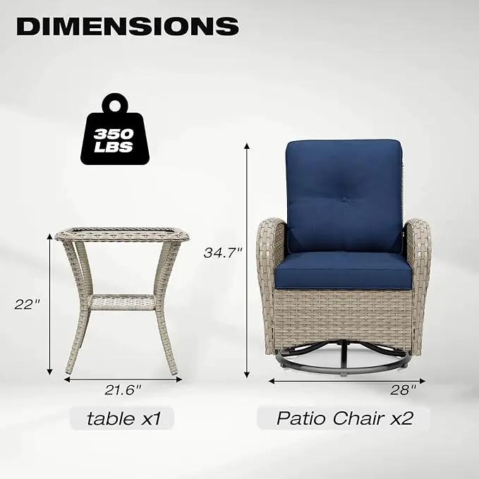 Joyside Outdoor Swivel Rocker Chairs, 3 Piece Wicker Patio Set with Thick Cushion and Side Table, Rattan Patio Swivel Rocking Chairs for Porch, Deck Use (Natural/Blue, 3 PCS) by GreenHaven Gardens