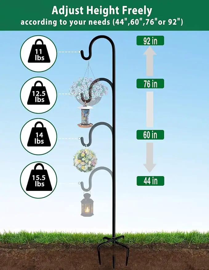 Artibear Adjustable Outdoor Shepherd Hook Stand with 5 Prong Base, 92 Inches Tall 3/5 in Thick, Shiny Black (2 Packs) by GreenHaven Gardens