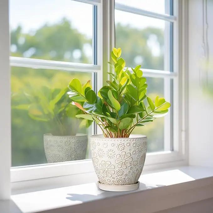 6.9 Inch Plant Pot with Drainage Hole and Saucer Ceramic Planter for Indoor Plant Flower Pot for Orchid Succulents Plants White by GreenHaven Gardens